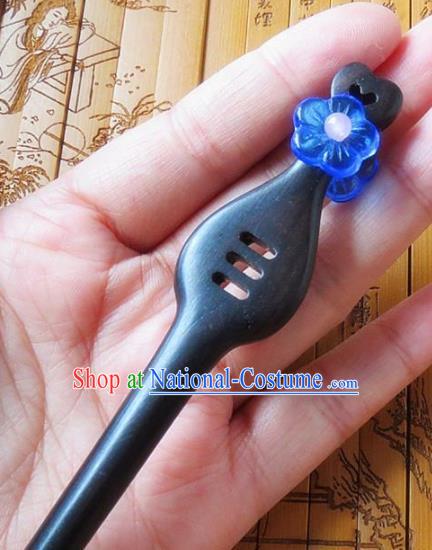 Chinese Ancient Princess Hair Accessories Traditional Hanfu Blue Flower Ebony Hairpins for Women