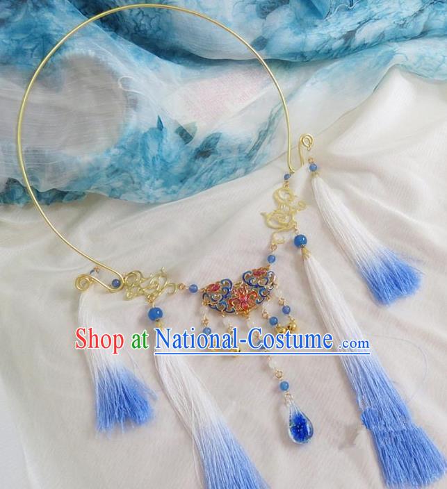 Chinese Ancient Bride Hanfu Accessories Traditional Palace Blue Tassel Necklace for Women