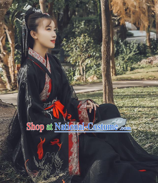 Traditional Chinese Jin Dynasty Swordswoman Replica Costumes Ancient Drama Peri Black Hanfu Dress for Women