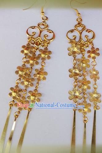 Chinese Ancient Princess Jewelry Accessories Traditional Hanfu Golden Flowers Tassel Earrings for Women