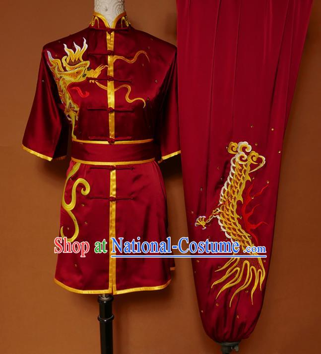 Top Kung Fu Group Competition Costume Martial Arts Training Embroidered Dragon Red Uniform for Men