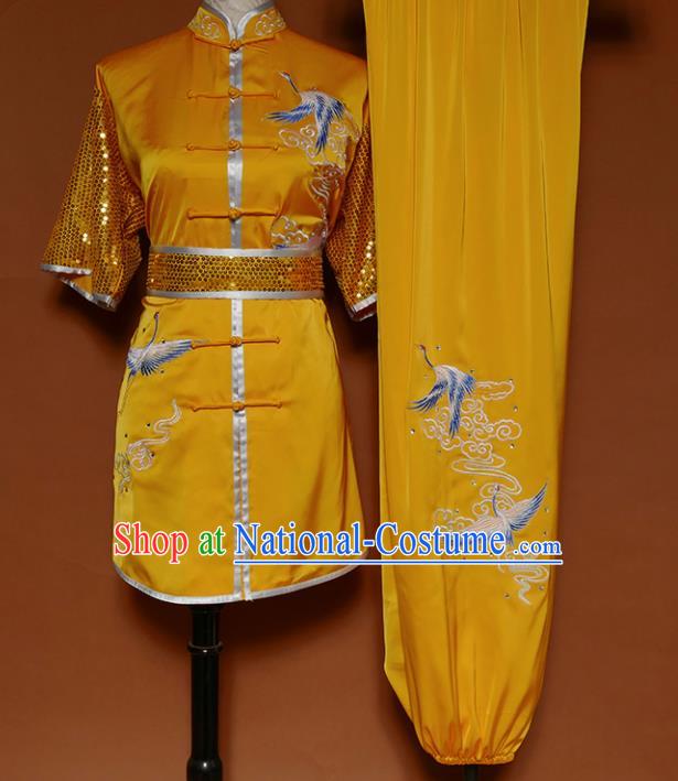 Top Kung Fu Group Competition Costume Martial Arts Training Embroidered Cranes Yellow Uniform for Men