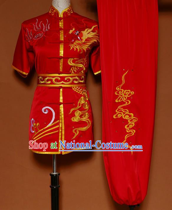 Top Kung Fu Group Competition Costume Martial Arts Training Embroidered Dragon Red Uniform for Men