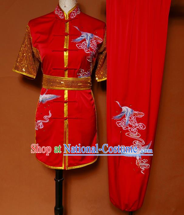 Top Kung Fu Group Competition Costume Martial Arts Training Embroidered Cranes Red Uniform for Men