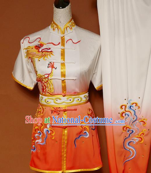 Top Kung Fu Group Competition Costume Martial Arts Wushu Training Embroidered Dragon Orange Uniform for Men