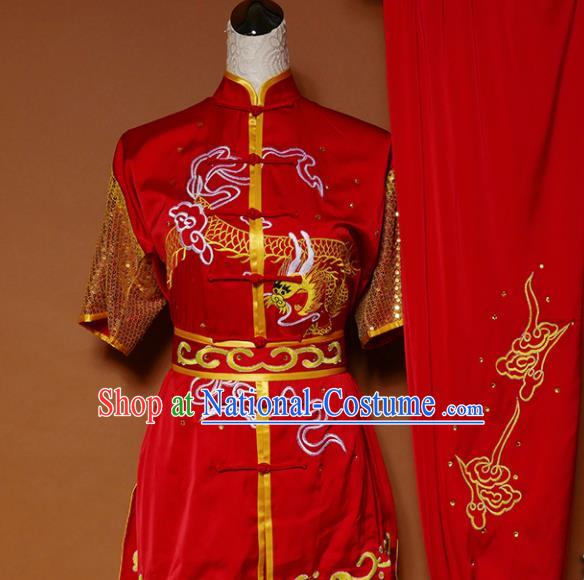 Top Kung Fu Group Competition Costume Martial Arts Wushu Training Embroidered Dragon Red Uniform for Men