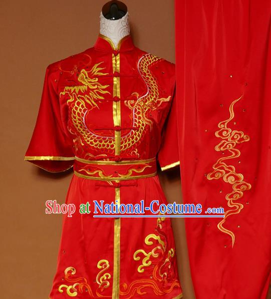 Top Kung Fu Group Competition Costume Martial Arts Wushu Training Embroidered Red Uniform for Men