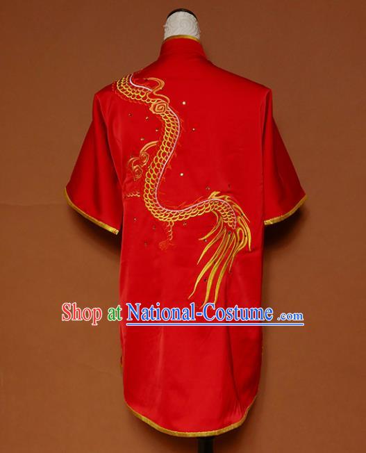 Top Kung Fu Group Competition Costume Martial Arts Wushu Training Embroidered Red Uniform for Men