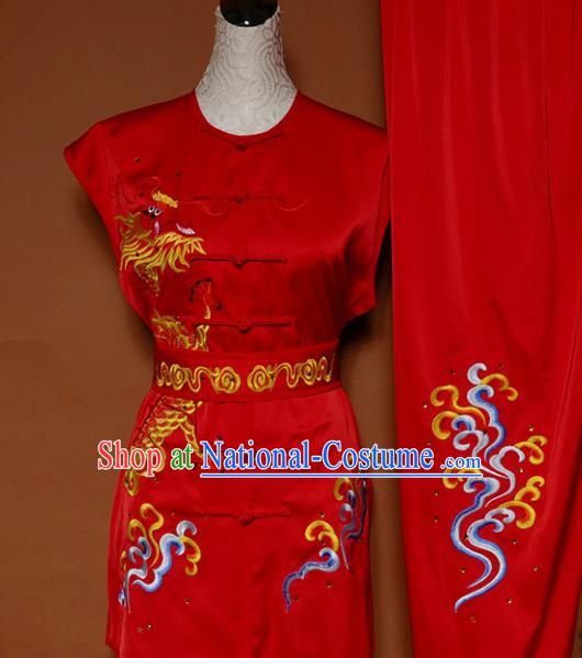 Top Kung Fu Group Competition Costume Martial Arts Wushu Training Embroidered Dragon Red Uniform for Men