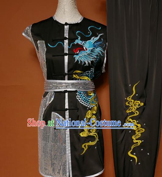 Top Kung Fu Group Competition Costume Martial Arts Wushu Embroidered Dragon Black Uniform for Men