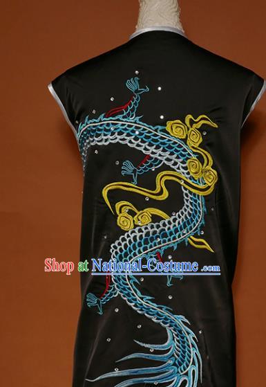 Top Kung Fu Group Competition Costume Martial Arts Wushu Embroidered Dragon Black Uniform for Men