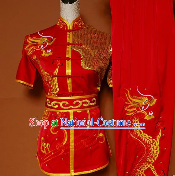 Top Kung Fu Group Competition Costume Martial Arts Wushu Embroidered Dragon Red Uniform for Men