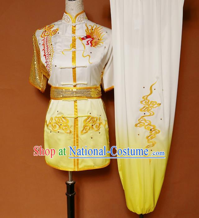 Top Kung Fu Competition Costume Group Martial Arts Training Embroidered Dragon Yellow Uniform for Men