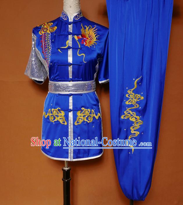 Top Kung Fu Competition Costume Group Martial Arts Training Embroidered Dragon Royalblue Uniform for Men