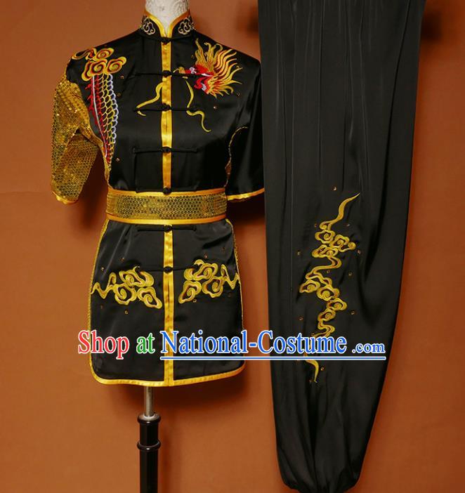 Top Kung Fu Competition Costume Group Martial Arts Training Embroidered Dragon Black Uniform for Men