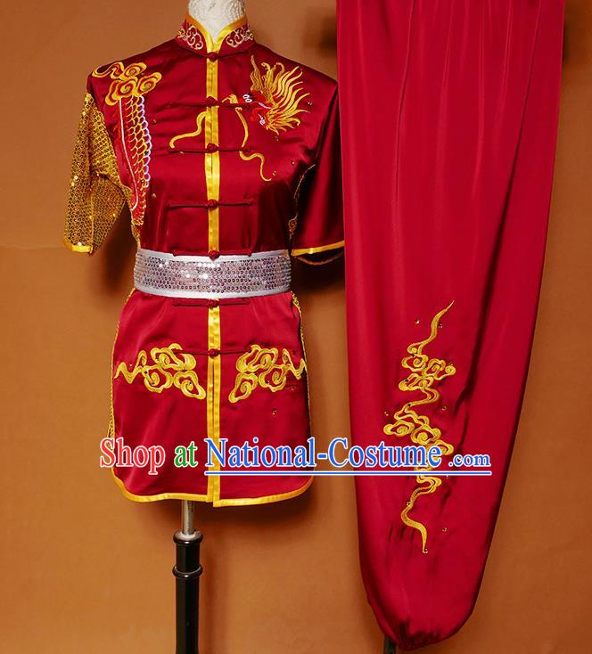 Top Kung Fu Competition Costume Group Martial Arts Training Embroidered Dragon Red Uniform for Men