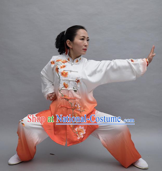 Top Tai Ji Training Embroidered Orange Uniform Kung Fu Group Competition Costume for Women