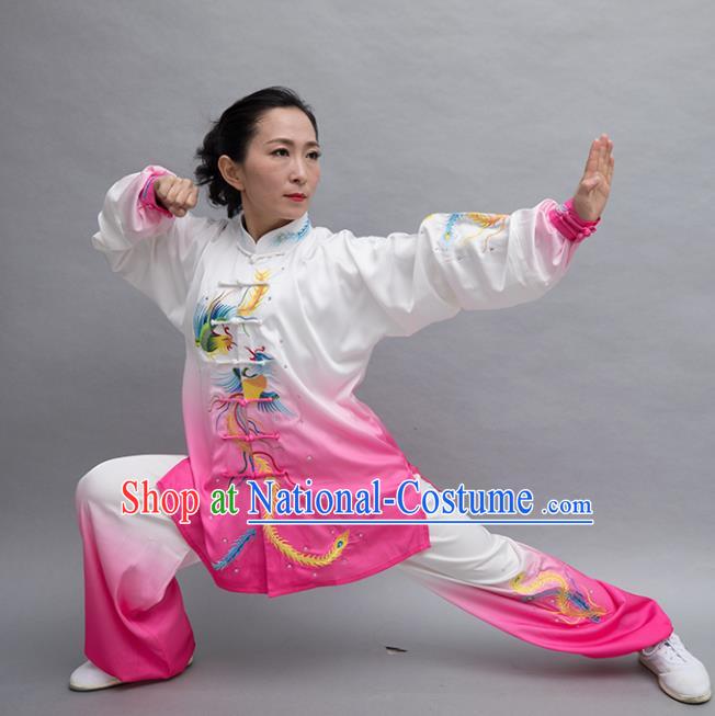 Top Tai Ji Training Embroidered Phoenix Rosy Uniform Kung Fu Group Competition Costume for Women