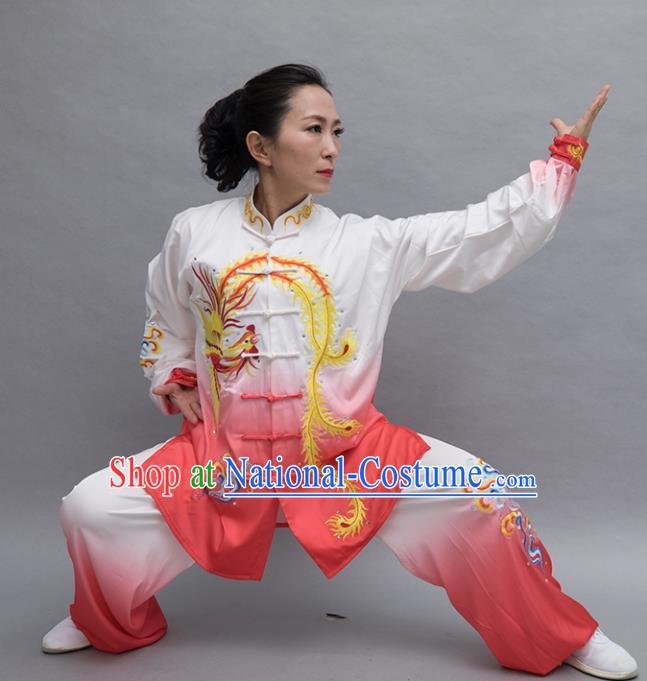 Top Tai Ji Training Embroidered Phoenix Orange Uniform Kung Fu Group Competition Costume for Women