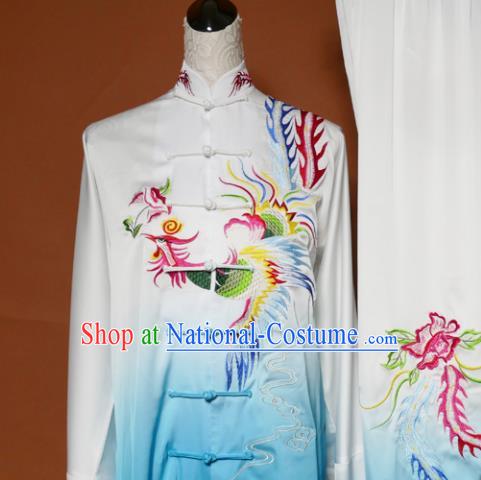 Top Tai Ji Training Embroidered Phoenix Blue Uniform Kung Fu Group Competition Costume for Women