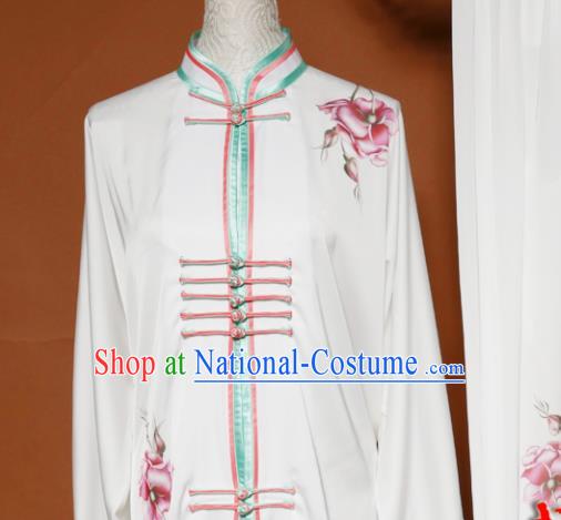 Top Tai Ji Training Printing Peony White Uniform Kung Fu Group Competition Costume for Women