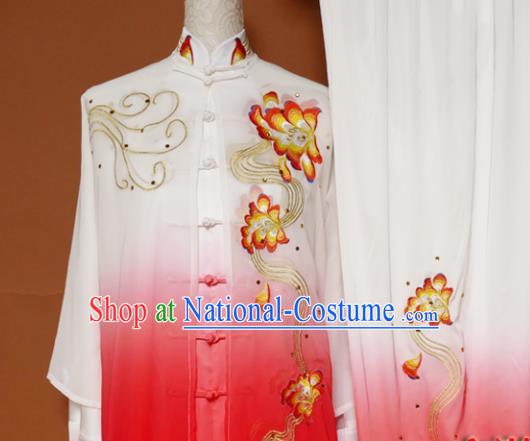 Top Tai Ji Training Embroidered Peony Rosy Uniform Kung Fu Group Competition Costume for Women