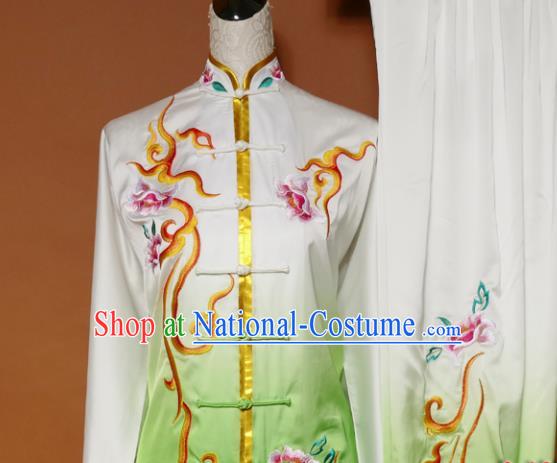 Top Tai Ji Training Embroidered Peony Green Uniform Kung Fu Group Competition Costume for Women