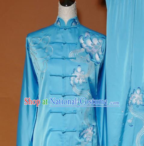 Top Tai Ji Training Embroidered Peony Blue Uniform Kung Fu Group Competition Costume for Women