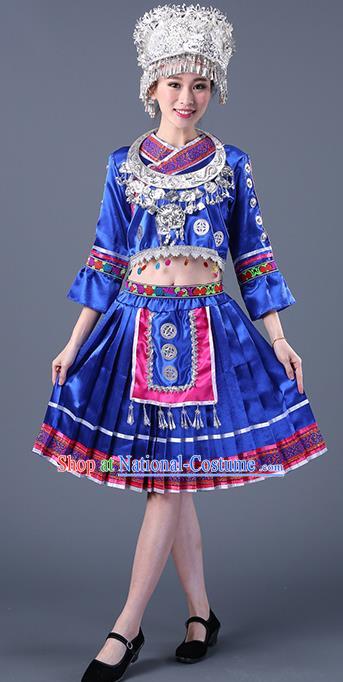 Chinese Traditional Ethnic Costume Miao Nationality Royalblue Pleated Skirt for Women