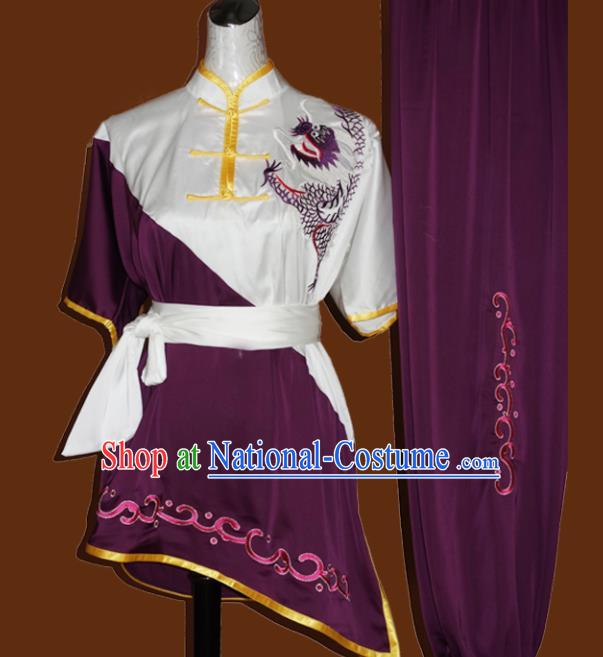 Top Grade Kung Fu Embroidered Purple Costume Chinese Tai Chi Martial Arts Training Uniform for Adults