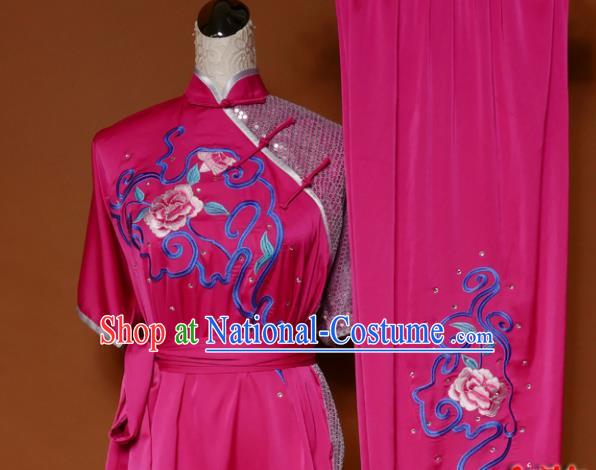 Top Martial Arts Training Embroidered Rosy Uniform Kung Fu Group Competition Costume for Women