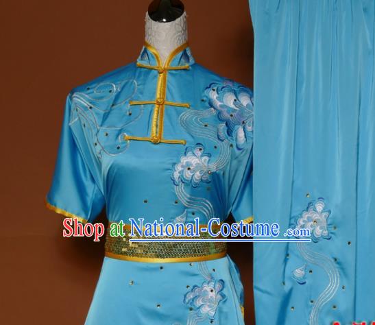 Top Martial Arts Training Embroidered Blue Uniform Kung Fu Group Competition Costume for Women