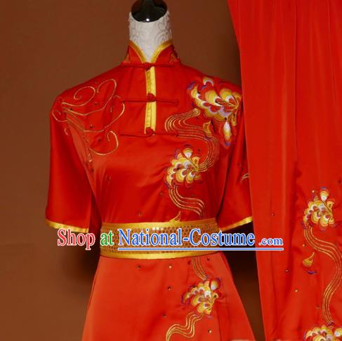 Top Martial Arts Training Embroidered Red Uniform Kung Fu Group Competition Costume for Women