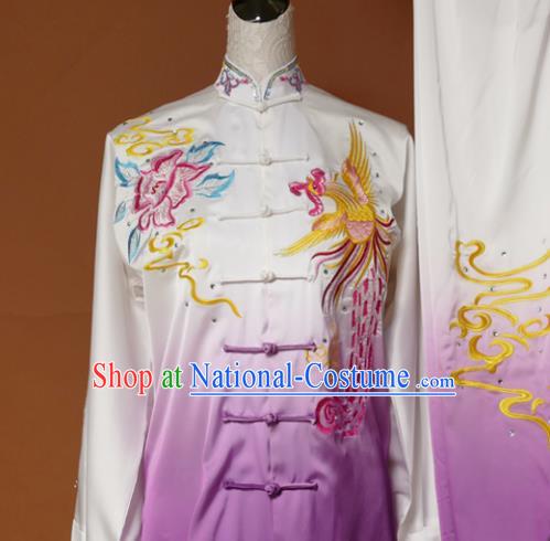 Chinese Traditional Tai Chi Training Embroidered Phoenix Peony Purple Uniform Kung Fu Group Competition Costume for Women