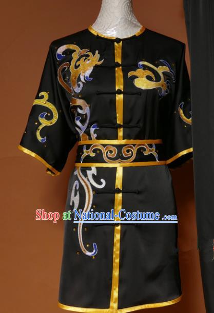 Top Kung Fu Group Competition Costume Martial Arts Wushu Embroidered Black Uniform for Men