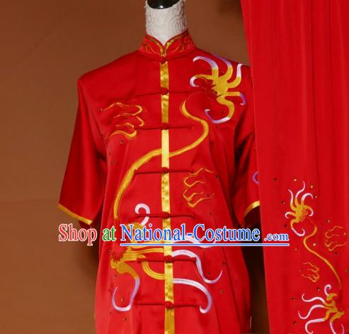 Top Kung Fu Group Competition Costume Martial Arts Wushu Embroidered Red Uniform for Men