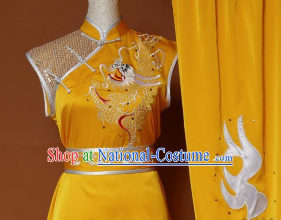 Top Kung Fu Group Competition Costume Martial Arts Wushu Embroidered Dragon Golden Uniform for Men