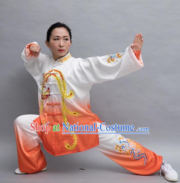 Top Group Kung Fu Costume Tai Ji Training Embroidered Phoenix Orange Uniform Clothing for Women