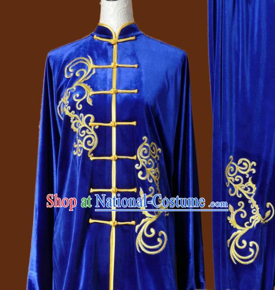 Top Kung Fu Group Competition Costume Martial Arts Wushu Blue Velvet Uniform for Men