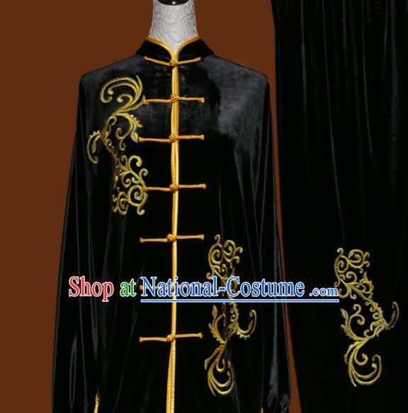 Top Kung Fu Group Competition Costume Martial Arts Wushu Black Velvet Uniform for Men