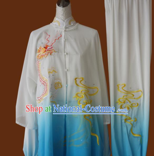 Top Grade Kung Fu Embroidered Dragon Blue Costume Chinese Martial Arts Training Tai Ji Uniform for Adults