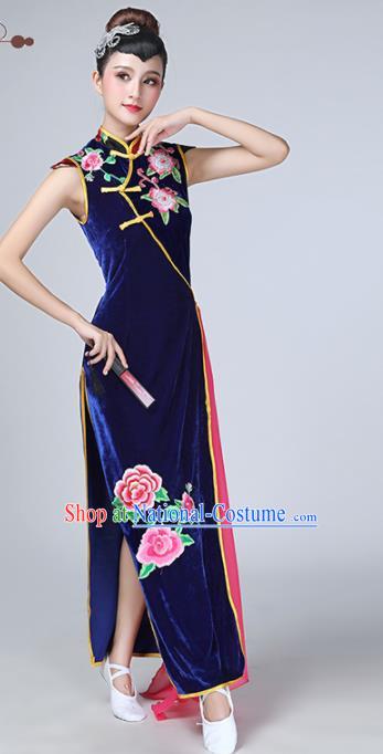 Chinese Traditional Stage Performance Costume National Cheongsam Royalblue Qipao Dress for Women