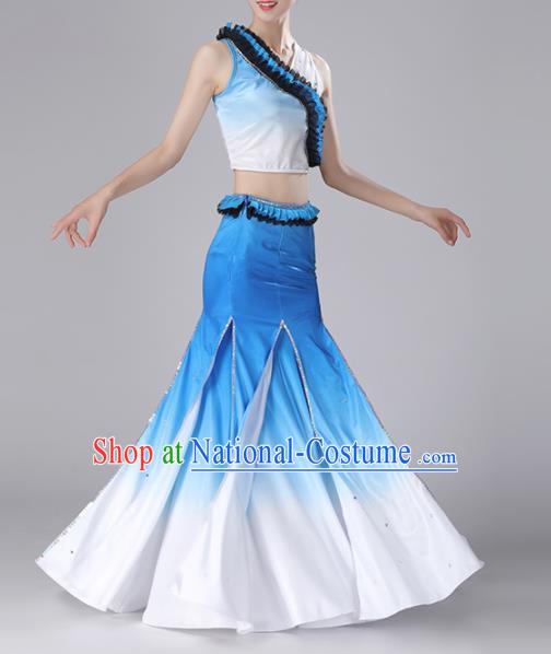 Chinese Traditional Classical Dance Blue Dress Stage Performance Peacock Dance Costume for Women