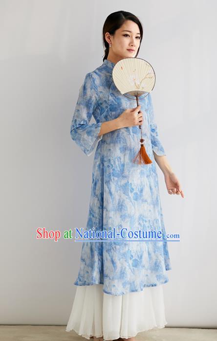 Chinese National Costume Traditional Classical Cheongsam Printing Blue Qipao Dress for Women