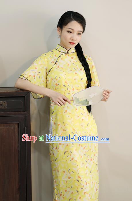 Chinese National Costume Traditional Classical Cheongsam Printing Yellow Qipao Dress for Women