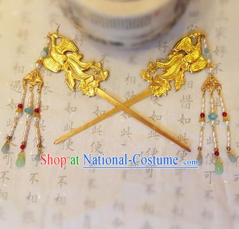 Chinese Ancient Handmade Golden Phoenix Hairpins Traditional Classical Hair Accessories for Women