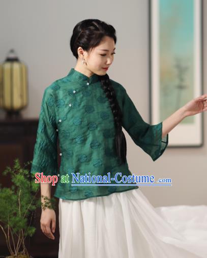 Chinese National Costume Traditional Classical Cheongsam Deep Green Blouse for Women