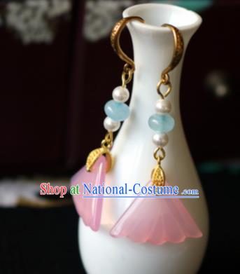 Chinese Ancient Traditional Handmade Pink Fan Earrings Classical Ear Accessories for Women