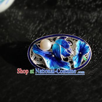 Chinese Traditional Handmade Cloisonne Blue Lotus Leaf Brooch Classical Accessories Breastpin for Women