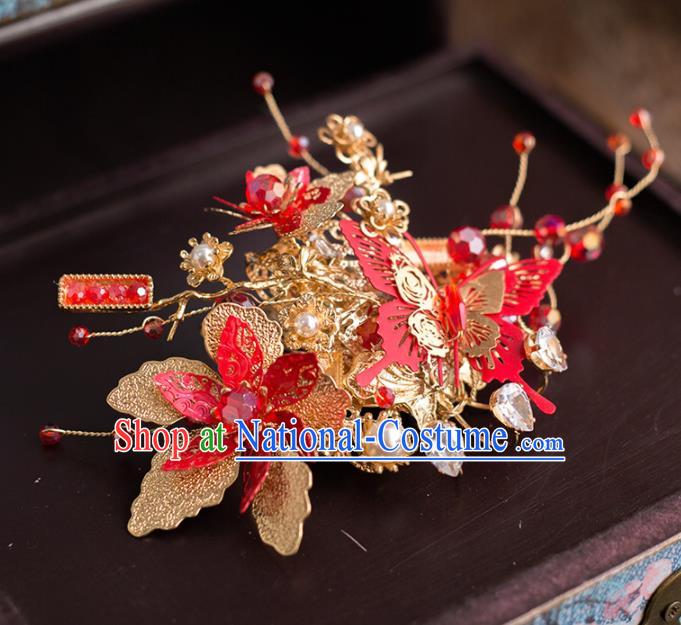 Chinese Ancient Handmade Red Butterfly Hair Crown Bride Tassel Hairpins Traditional Classical Wedding Hair Accessories for Women